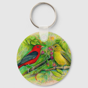 Scarlet Tanagers Watercolor Coloured Pencil Drawin Keychain