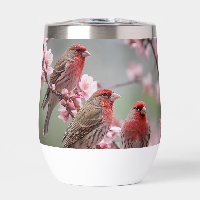 "Scarlet Trio: Red Finches Among Pink Blossoms" (Front)