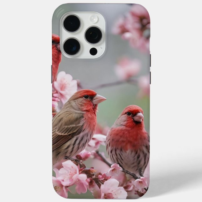 "Scarlet Trio: Red Finches Among Pink Blossoms" Case-Mate iPhone Case (Back)