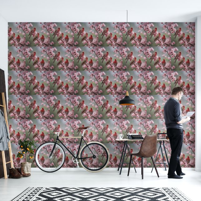 "Scarlet Trio: Red Finches Among Pink Blossoms" Wallpaper (Living Room)