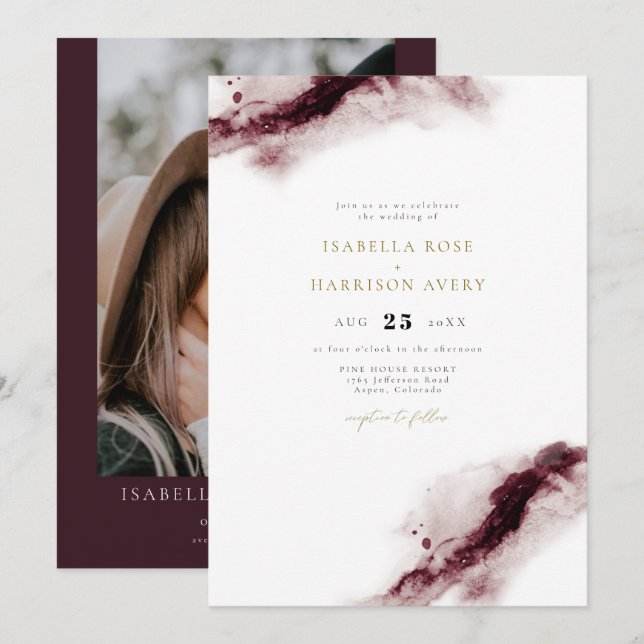 SCARLETT | Boho Burgundy Gold Watercolor Wedding Invitation (Front/Back)