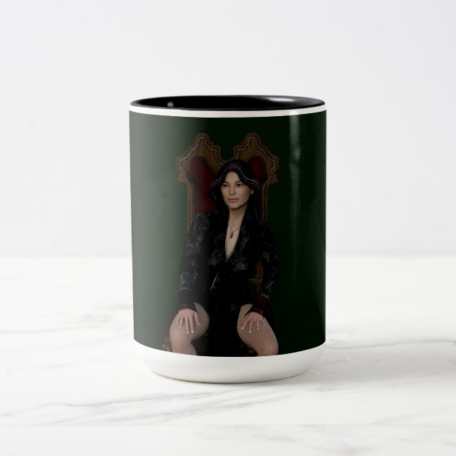 Scarlett Chevalier sitting on chair Two-Tone Coffee Mug (Center)