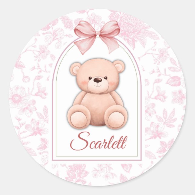 Scarlett | Custom Pink Teddy Bear Nursery Design  Classic Round Sticker (Front)
