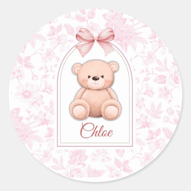 Scarlett | Custom Pink Teddy Bear Nursery Design  Classic Round Sticker (Front)
