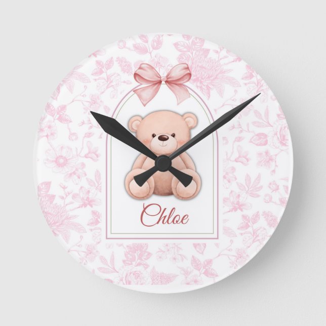 Scarlett | Custom Pink Teddy Bear Nursery Design  Round Clock (Front)