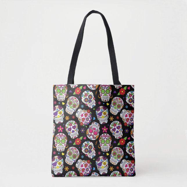 Scary and bloodcurdling intimidating sugar skull tote bag (Front)