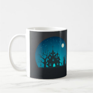 Scary and Fun Blue and Black Haunted House Coffee Mug