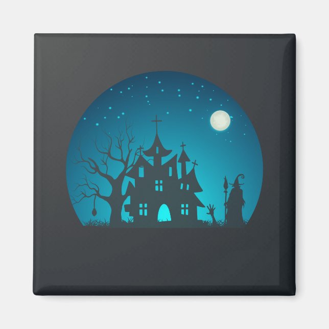Scary and Fun Blue and Black Haunted House Magnet (Front)
