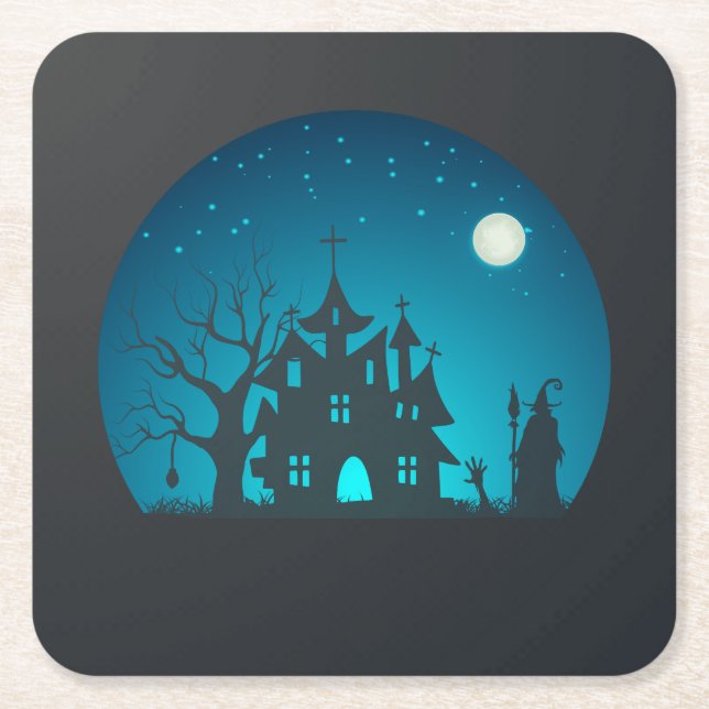 Scary and Fun Blue and Black Haunted House Square Paper Coaster (Front)