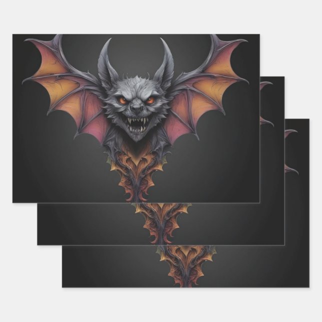 Scary Bat Ink Drawing,  Wrapping Paper Sheet (Set)