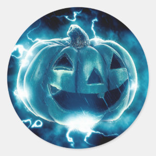 Scary Black and Blue Pumpkin Halloween Classic Round Sticker