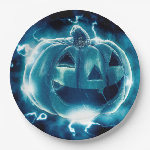 Scary Black and Blue Pumpkin Halloween Party Pap Paper Plate