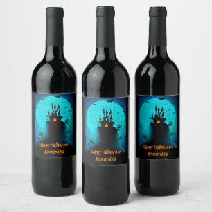 Scary Black & Blue Moon Happy Halloween Wine Label