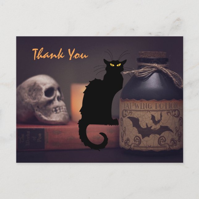 Scary Black Cat and Skull Halloween Thank You Postcard (Front)
