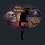 Scary Black Cat and Skull Happy Birthday Cake Topper<br><div class="desc">This Happy Birthday cake pick features a scary black cat and spooky skull with a potion bottle.</div>