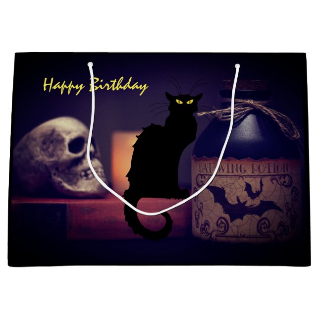 Scary Black Cat and Skull Happy Birthday Halloween Large Gift Bag (Front)
