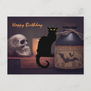 Scary Black Cat and Skull Happy Birthday Postcard