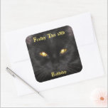 Scary Black Cat Birthday on Friday the 13th   Squa Square Sticker<br><div class="desc">Black Cat - Born on Friday the 13th Birthday Card. This is my Cat, *Kitty*, and doesn't she look scary with her yellow, glowing eyes? Perfect for a Birthday on Friday the 13th! This image has been enlarged and is pixelated, but I chose to leave it as is because I...</div>