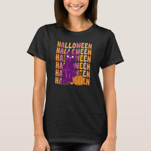 Scary Black Cat Pumpkin 70s 80s Retro Vintage Styl T-Shirt