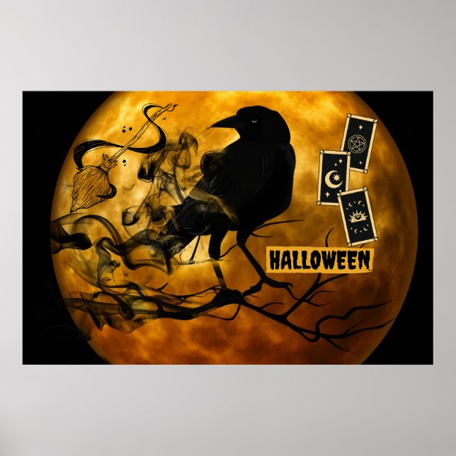 Scary Black Crow, Tarot Cards Halloween Full Moon  Poster (Front)