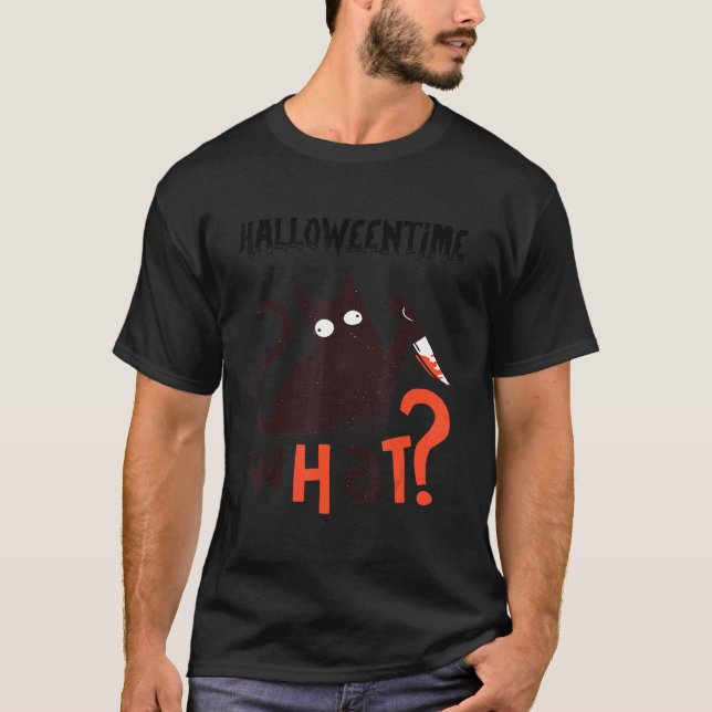 Scary Black Halloween Cat With A Knife T-Shirt (Front)