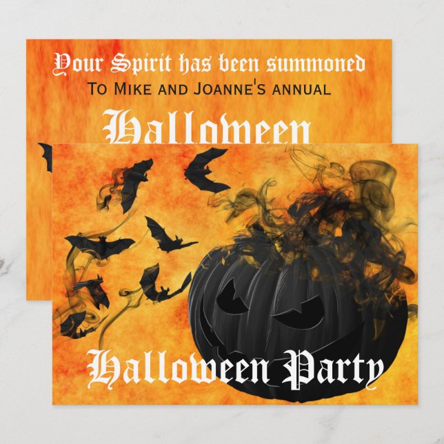 Scary Black Pumpkin and Bats Halloween Party Invitation (Front/Back)