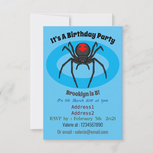 Scary black widow spider cartoon illustration invitation (Front)
