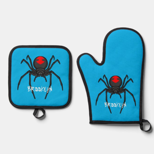 Scary black widow spider cartoon illustration oven mitt & pot holder set (Front)