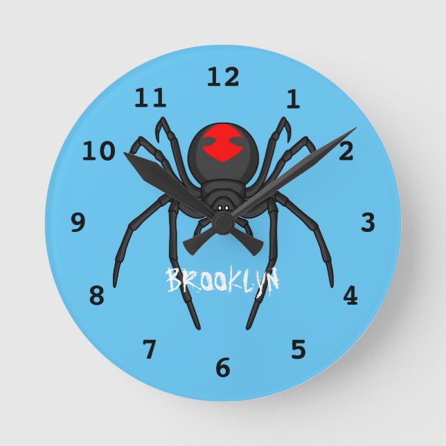 Scary black widow spider cartoon illustration round clock (Front)