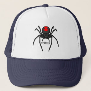 Scary black widow spider cartoon illustration trucker hat