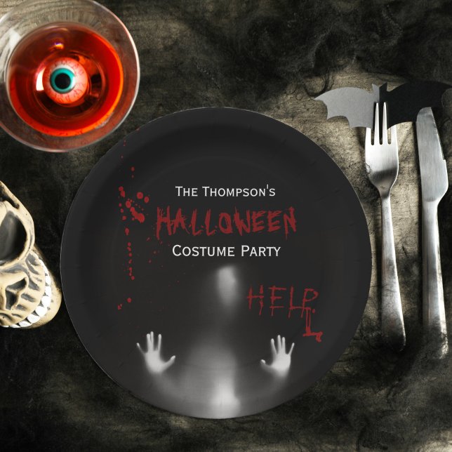 Scary Bloody Halloween Costume Party Black Paper Plate (Creator Uploaded)