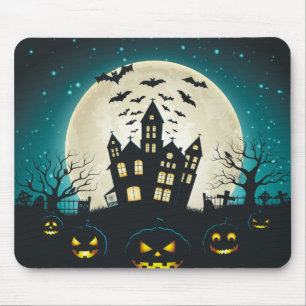 Scary Blue and Black Haunted House Halloween Mouse Pad