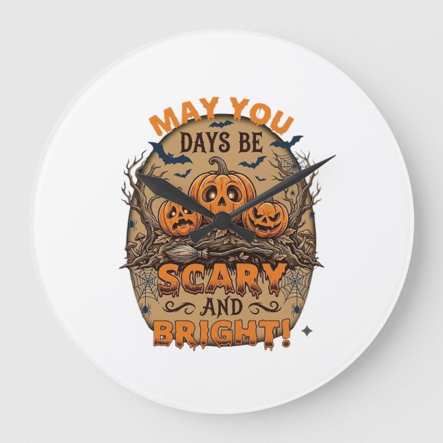 Scary Bright Halloween Pumpkins Bats Broomstick_1 Large Clock (Front)
