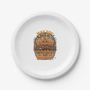 Scary Bright Halloween Pumpkins Bats Broomstick_1 Paper Plate