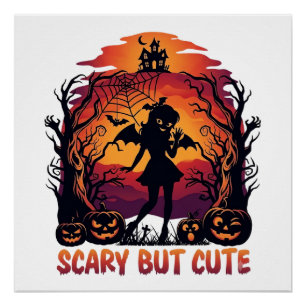 Scary But Cute Halloween Bat Girl Pumpkins Haunted Poster