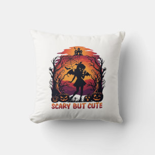 Scary But Cute Halloween Bat Girl Pumpkins Haunted Throw Pillow
