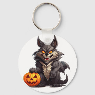 Scary cartoon wolf with a Halloween pumpkin Keychain