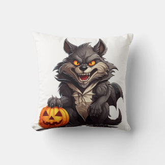 Scary cartoon wolf with a Halloween pumpkin Throw Pillow