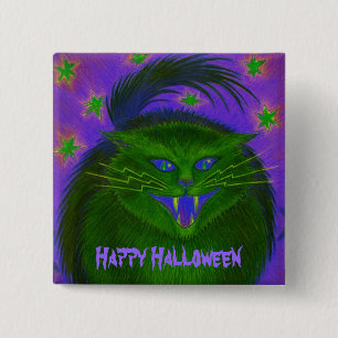 Scary Cat Green 'Happy Halloween' button