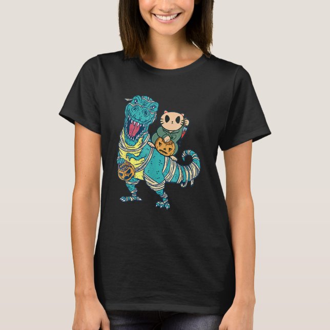 Scary Cat knife riding mummy dinosaur rex hallowee T-Shirt (Front)