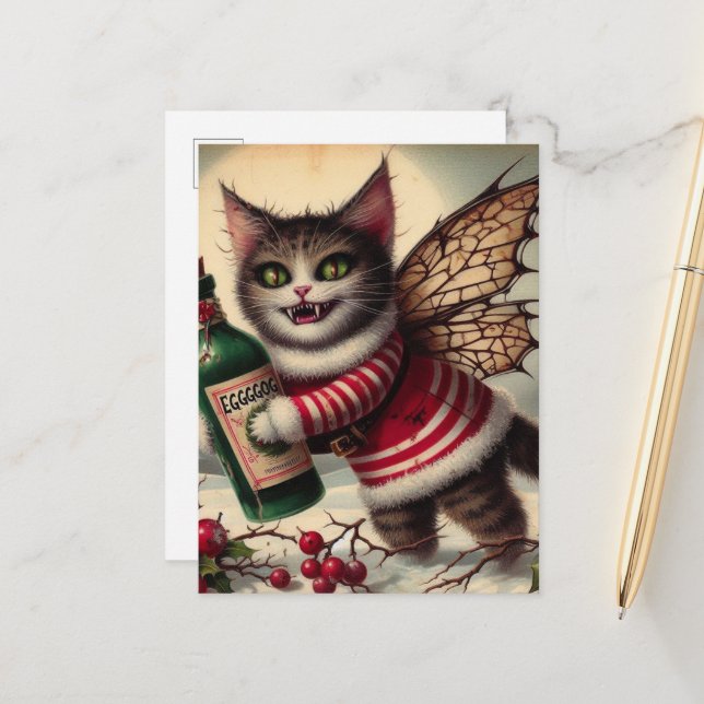 Scary Christmas Vampire Fairy Kitty With Eggnog Postcard (Front/Back In Situ)