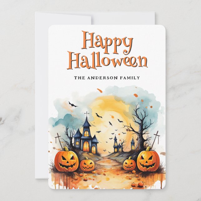 Scary Church Graveyard Pumpkins Bat Halloween Card (Front)