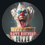 Scary clown themed Birthday Classic Round Sticker<br><div class="desc">Birthday stickers featuring a Scary clown themed birthday cake with "Happy Birthday",  all-caps bold font. Personalize it by adding your name(s).</div>