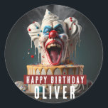 Scary clown themed Birthday Classic Round Sticker<br><div class="desc">Birthday stickers featuring a Scary clown themed birthday cake with "Happy Birthday",  all-caps bold font. Personalize it by adding your name(s).</div>