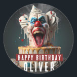 Scary clown themed Birthday Classic Round Sticker<br><div class="desc">Birthday stickers featuring a Scary clown themed birthday cake with "Happy Birthday",  all-caps bold font. Personalize it by adding your name(s).</div>