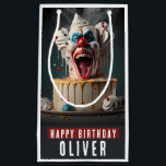 Scary clown themed Birthday Gift Bag<br><div class="desc">A Birthday gift bag featuring a Scary clown themed birthday cake with "Happy Birthday", all-caps bold font. Personalize it by adding your name(s).</div>