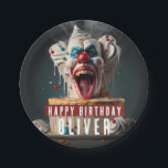 Scary clown themed Birthday Paper Plate<br><div class="desc">A scary birthday paper plate featuring a scary clown themed birthday cake with "Happy Birthday",  all-caps bold font. Personalize it by adding your name(s).</div>