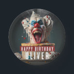 Scary clown themed Birthday Paper Plate<br><div class="desc">A scary birthday paper plate featuring a scary clown themed birthday cake with "Happy Birthday",  all-caps bold font. Personalize it by adding your name(s).</div>