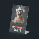 Scary clown themed Birthday Pedestal Sign<br><div class="desc">A Birthday pedestal sign featuring a Scary clown themed birthday cake with "Happy Birthday",  all-caps bold font. Personalize it by adding your name(s).</div>