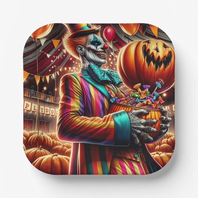 Scary Clown with Jack O' Lantern Halloween Paper Plate (Front)